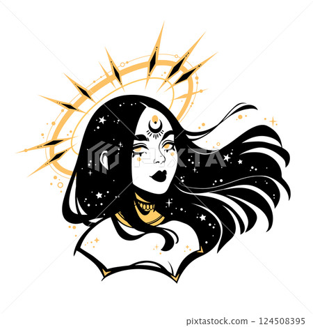 face of a girl with a golden halo over her head 124508395