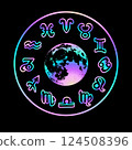 Round zodiac calendar with bright holographic symbols 124508396