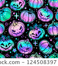 seamless pattern of halloween cartoon colorful pumpkins 124508397