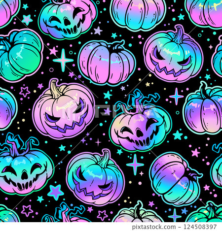 seamless pattern of halloween cartoon colorful pumpkins 124508397