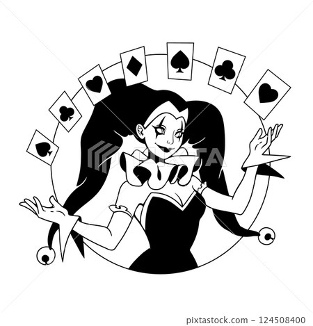 Joker girl juggling playing cards Joker girl juggling playing cards 124508400