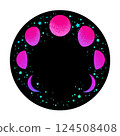 mystical round neon frame with moon phases 124508408