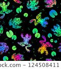 floral pattern of water lily leaves and frogs 124508411