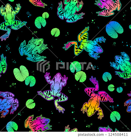 floral pattern of water lily leaves and frogs floral pattern of water lily leaves and frogs 124508411