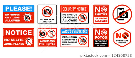 No Photos, No Videos, No Phones, Editable Bilingual Signs English and Spanish. Vector Set with icons on isolated background 124508738