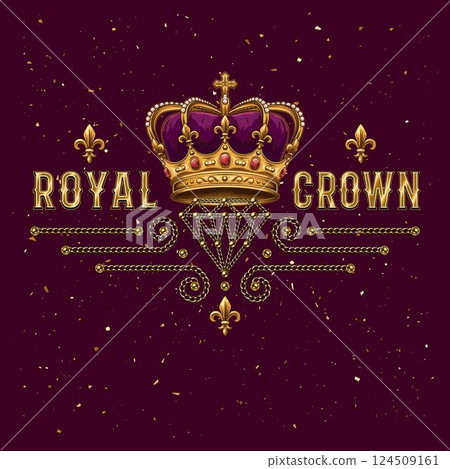 Horizontal label with imperial crown, fleur de lis sign, jewelry chains, text. Detailed composition in vintage style. 124509161