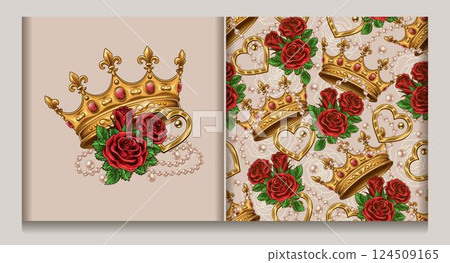 Seamless pattern, composition with golden crown, scattered jewelry, pearl necklaces, bouquet of red roses. Chaotic scattered objects on light background. Luxury kitsch vintage style. 124509165