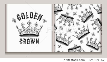 Vintage label, seamless pattern with medieval crown, fleur de lis sign. Detailed black and white illustrations on white background. Kitsch style. 124509167
