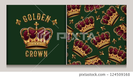 Vintage deluxe label, seamless pattern with imperial golden crown, fleur de lis sign. Detailed illustrations on dark green background. Kitsch style. 124509168