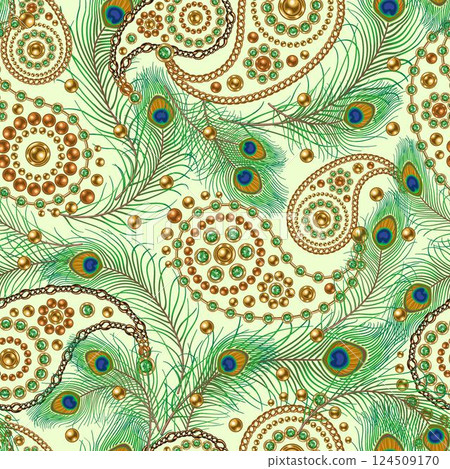 Seamless pattern with paisley jewelry motifs, fluffy peacock feathers in vintage style. Gold elements with green emerald gems. Scattered objects, random composition. White background 124509170