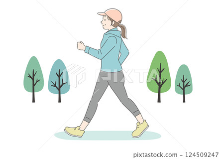一位中年婦女在公園散步的插圖 124509247