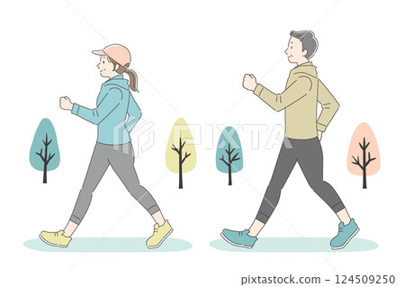 中年男女在公園散步的插畫 124509250