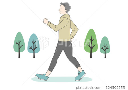 Illustration of a middle-aged man walking in the park 124509255