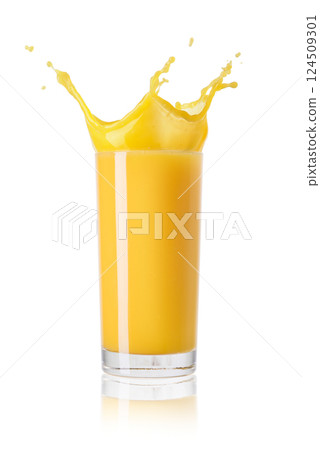 Glass of orange juice on white background 124509301