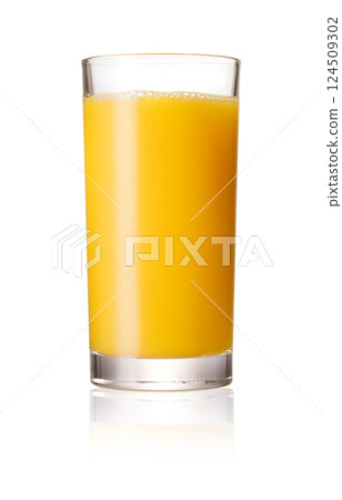 Glass of orange juice on white background 124509302