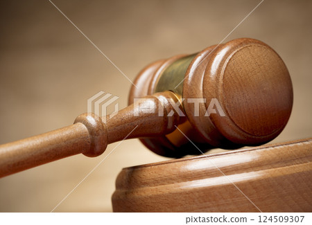 Wooden gavel on brown background 124509307