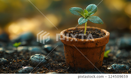 A small plant emerges from a terracotta pot, symbolizing hope and new beginnings in spring. A small plant emerges from a terracotta pot, symbolizing hope and new beginnings in spring. 124509659