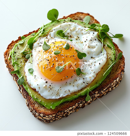 A vibrant avocado toast topped with a fried egg, pepper and microgreens, offering a healthy and appetizing meal. 124509666