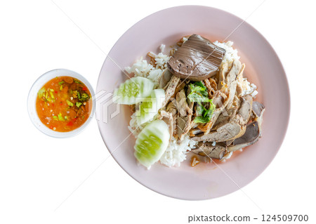 Top view of rice with duck stewed, focus selective Top view of rice with duck stewed, focus selective 124509700