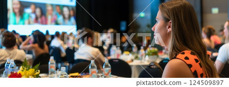 Conference Attendees Engaged in Presentation at Large Event 124509897