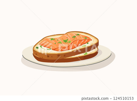Illustration of a smoked salmon toast on a plate, topped with cream cheese and herbs, ideal for breakfast or brunch visuals. 124510153