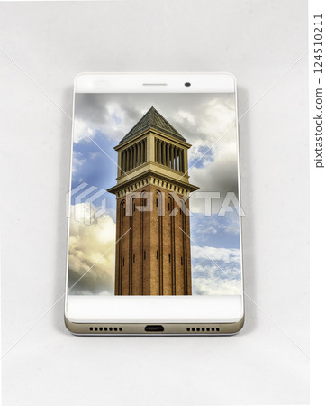 Smartphone displaying picture of Venetian Towers, landmark in Barcelona, Spain Smartphone displaying picture of Venetian Towers, landmark in Barcelona, Spain 124510211