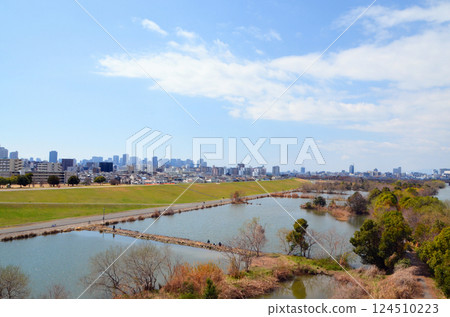 Osaka: Yodo River backwaters as seen from Sugawara Johoku Bridge 124510223