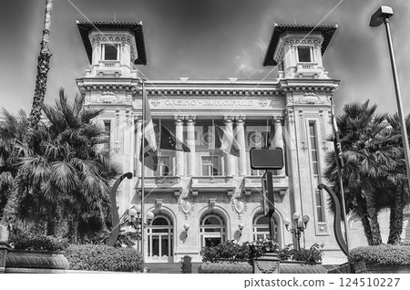Facade of the scenic Sanremo Casino with palms and flowers Facade of the scenic Sanremo Casino with palms and flowers 124510227