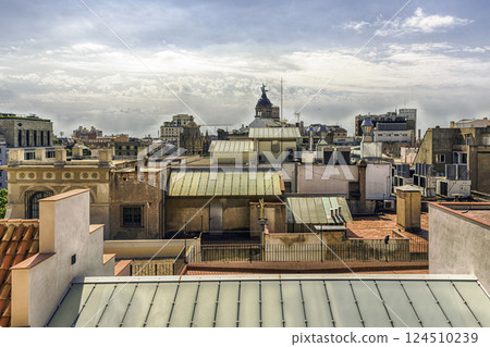 Aerial view over the rooftops of central Barcelona, Catalonia, Spain 124510239