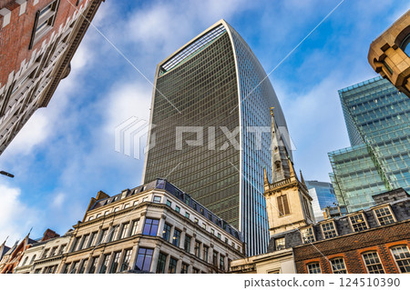 Iconic Walkie Talkie Skyscraper Framed by Historic and Modern Architecture 124510390