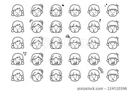 兒童面部表情圖示向量插圖喜悅、憤怒、悲傷、快樂、情緒 124510396