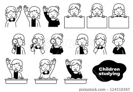 Vector illustration set of girls studying Children Girls Girls Children Homework Education Learning Cram school Elementary school students Lessons 124510397