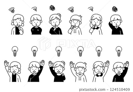 Vector illustration set of children who worry, think, solve, and discover. Boys, girls, inspiration, light bulb, mystery 124510409