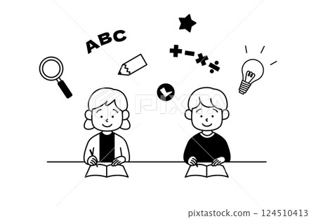 Vector illustration of a boy and girl studying. Children, arithmetic, English, inspiration, discovery, pencil, magnifying glass, light bulb Vector illustration of a boy and girl studying. Children, arithmetic, English, inspiration, discovery, pencil, magnifying glass, light bulb 124510413