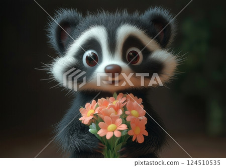 3d cartoon badger holding a bouquet of spring flowers. 124510535
