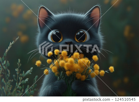 Cartoon 3d black cat holding a bouquet of mimosa. 124510545