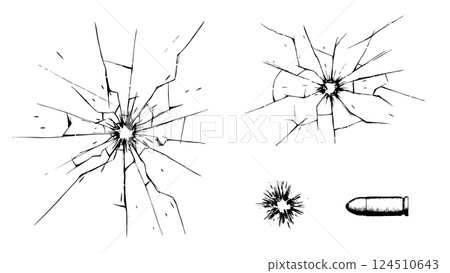 Illustration set of bullet holes and bullets shot into glass 124510643
