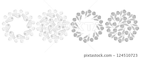 Freehand Salmon steaks Arugula leaves Brussel sprout heads Circular Frame Copyspace Background Set 4 124510723