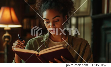 A student memorizing English vocabulary using a vocabulary book 124510826