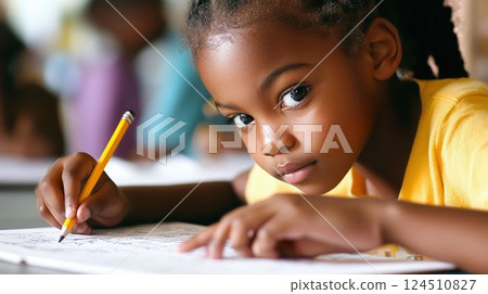 Elementary school student solving math problems 124510827