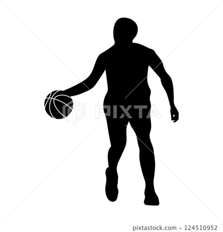 Basketball Player Silhouette Dribbling a Ball Vector Illustration. A black silhouette of a basketball player dribbling a ball. Basketball Player Silhouette Dribbling a Ball Vector Illustration. A black silhouette of a basketball player dribbling a ball. 124510952