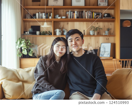 A couple in their 30s sitting on the sofa in the living room of a modern custom-built home A couple in their 30s sitting on the sofa in the living room of a modern custom-built home 124510993