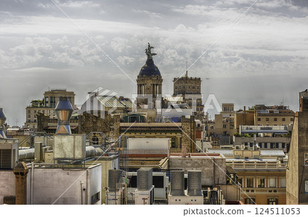 Aerial view over the rooftops of central Barcelona, Catalonia, Spain 124511053