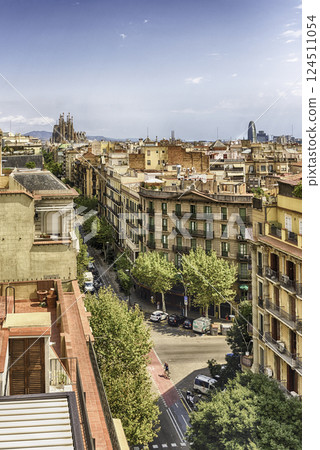 Aerial view over the rooftops of central Barcelona, Catalonia, Spain Aerial view over the rooftops of central Barcelona, Catalonia, Spain 124511054
