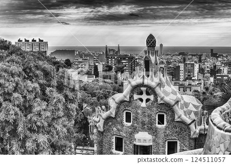 Scenic aerial view from Park Guell in Barcelona, Catalonia, Spain 124511057