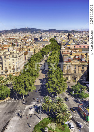 Aerial view of La Rambla pedestrian mall, Barcelona, Catalonia, Spain 124511061