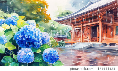 一幅水彩畫描繪了雨天花園和古廟中盛開的藍色繡球花的古樸風景 124511383
