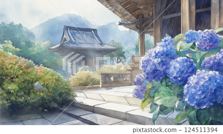 一幅水彩畫描繪了日本花園中一座美麗的寺廟，雨季時，藍紫色的繡球花被雨水浸泡著 124511394