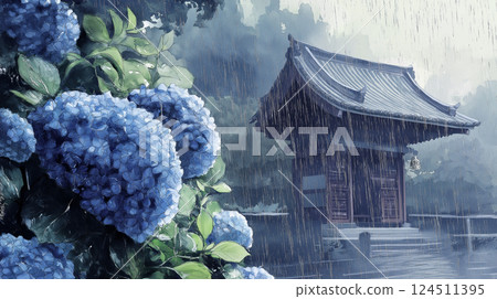 一幅水彩畫描繪了日本花園中一座美麗的寺廟，雨季時，藍紫色的繡球花被雨水浸泡著 124511395