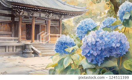 水彩風景畫，描繪了雨水浸透的初夏寺廟和潮濕、濕潤的藍紫色繡球花 124511399